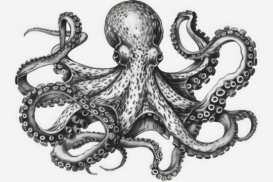 recommend clip art: Hand drawn vintage octopus line art, squid engraved ocean animal, Squid octopus animal, marine seafood vector illustration on white background