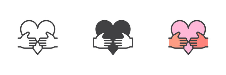 Hands holding heart different style icon set