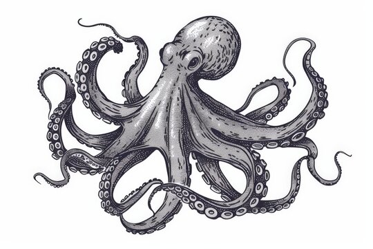 recommend clip art: Hand drawn vintage octopus line art, squid engraved ocean animal, Squid octopus animal, marine seafood vector illustration on white background