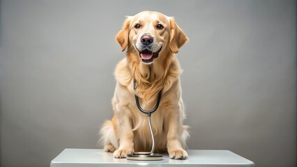 Adorable golden retriever sits patiently on a examination table, wearing a mini stethoscope around its neck, conveying a sense of friendly medical assistance.