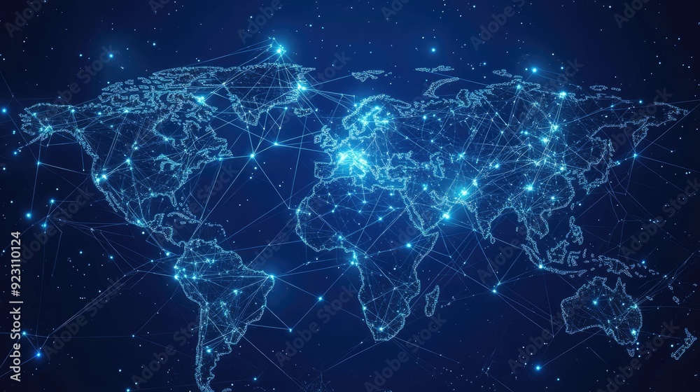 Poster abstract world map illustration showing global business data connections with interconnected lines a