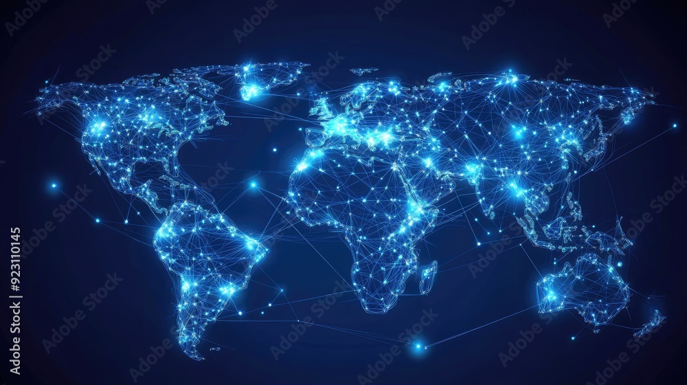 Poster abstract world map with glowing lines and data nodes illustrating global telecommunication networks.