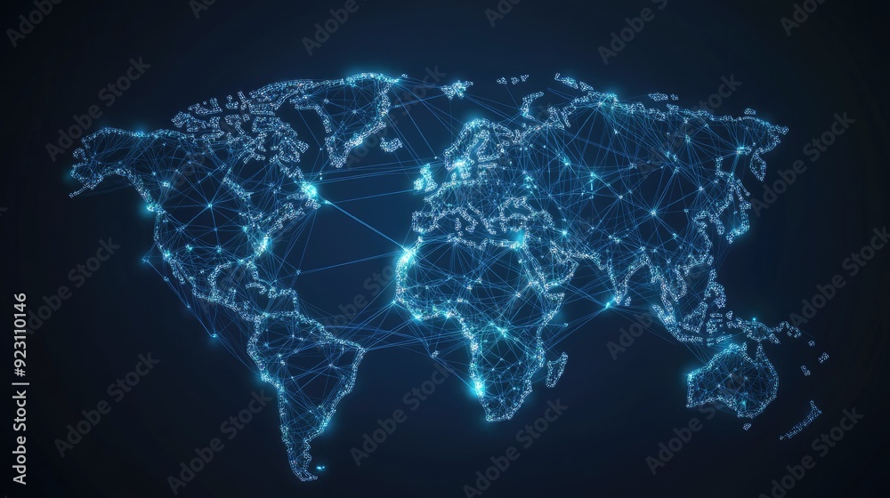 Poster abstract world map illustration showing global business data connections with interconnected lines a