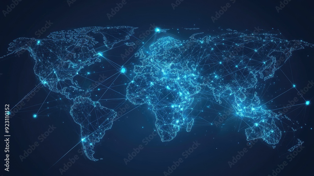 Poster abstract world map with glowing lines and data nodes illustrating global telecommunication networks.