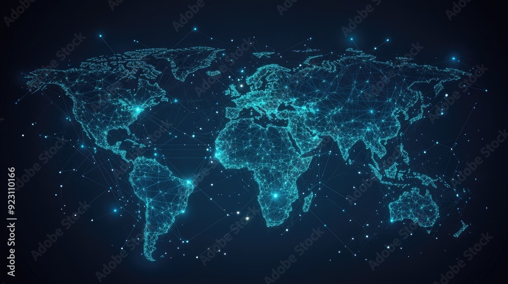 Poster abstract world map with glowing lines and data nodes illustrating global telecommunication networks.