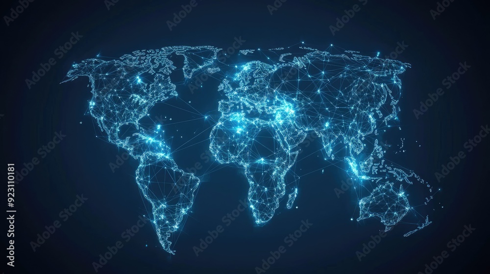 Poster abstract world map with glowing lines and data nodes illustrating global telecommunication networks.