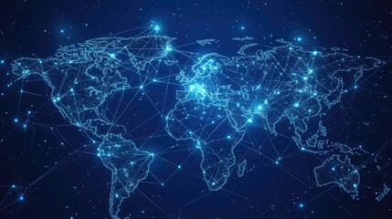 Abstract world map illustration showing global business data connections with interconnected lines and nodes. The vector design highlights telecommunication network links.