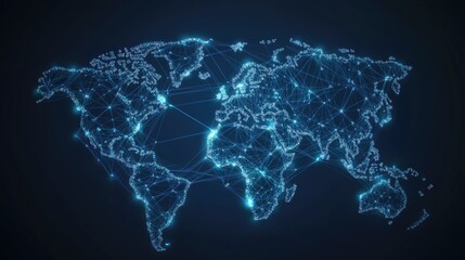 Abstract world map illustration showing global business data connections with interconnected lines and nodes. The vector design highlights telecommunication network links.
