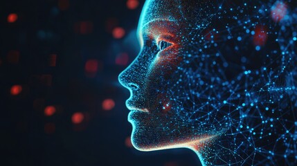 AI in 2D illustration, with a digital face and neural network elements. Represents artificial intelligence and futuristic tech concepts. Perfect for banners and tech content. e