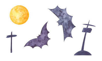 Watercolor illustration of scary nocturnal decorative elements for Halloween isolated on a white background, hand-drawn. Moon, bat, tombstone cross for decoration, design, decoration.