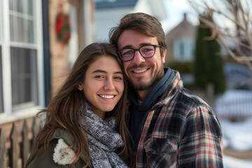 Obraz premium Smiling Couple Embracing Outdoors During Winter Season in Residential Neighborhood