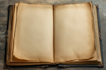 Fototapeta premium Antique Open Book with Blank Pages on Vintage Background for Copy Space