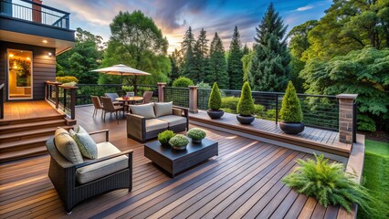 Aesthetic outdoor living space featuring durable, low-maintenance composite decking, sleek railings, and lush greenery, perfect for relaxation and entertainment.