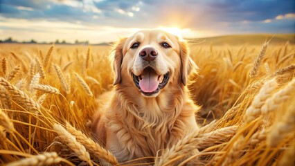 A happy golden retriever lies down amidst a sea of golden wheat, surrounded by swaying ears of grain on a sunny summer day.