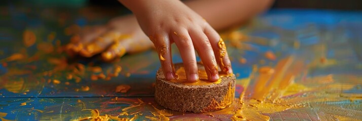 Child�s hand applying cork with yellow paint