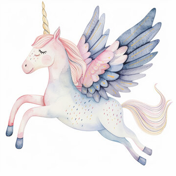 recommend clip art: Watercolor Illustration of a Flying Unicorn with Rainbow Wings and Horn in Pastel Colors