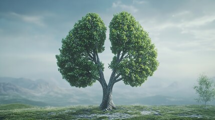 A tree formed in the shape of human lungs, representing the relationship between nature and human health.