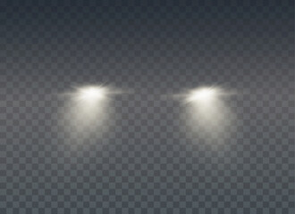 Realistic car headlights. Train moving effect, vector bright lights on transparent  background png.