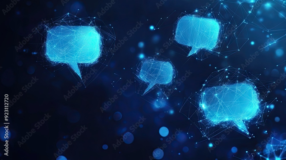 Poster communication concept on a dark blue polygonal background with glowing speech bubbles. ideal for e-c