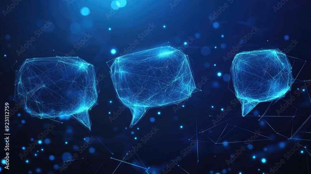 Poster communication concept on a dark blue polygonal background with glowing speech bubbles. ideal for e-c