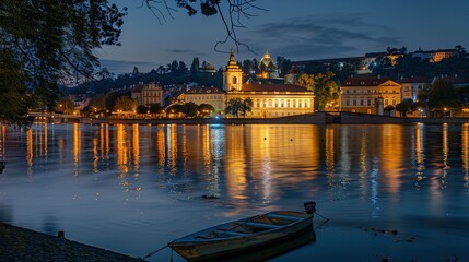 Fototapeta premium A Small Boat Moored in Front of a Lit Cityscape at Dusk