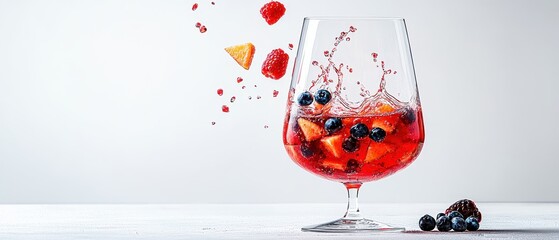 A vibrant cocktail with floating fruits, showcasing splashes of color in a clear glass. Perfect for summer festivities and parties.
