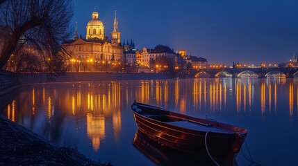 Obraz premium A Boat Moored Under a Bridge in Prague at Dusk