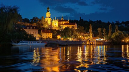 Obraz premium Illuminated Church and Riverfront at Dusk
