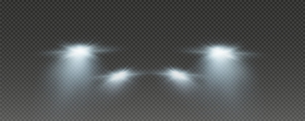 Realistic car headlights. Train moving effect, vector bright lights on transparent  background png.