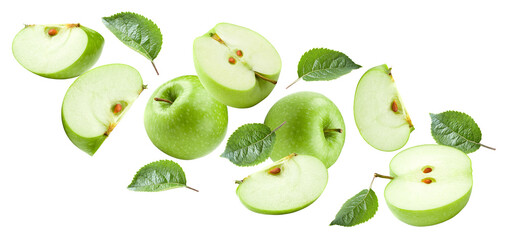 flying green apples with half of apple and green leaves isolated on white background. clipping path