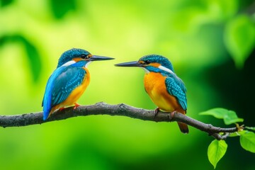 Obraz premium Two colorful kingfishers on a tree branch 