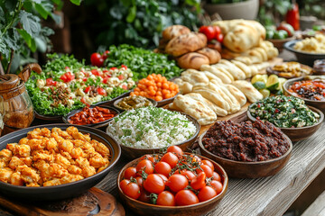 The table is rich with vibrant, diverse foods, symbolizing global unity and the celebration of World Food Day