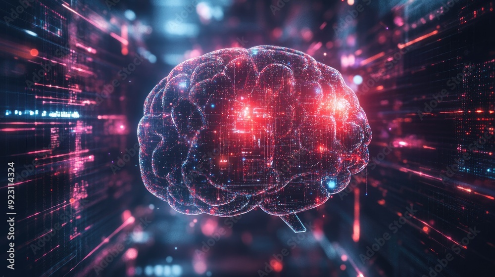 Poster digital 2d illustration of an ai brain with glowing connections and data flow. highlights machine le