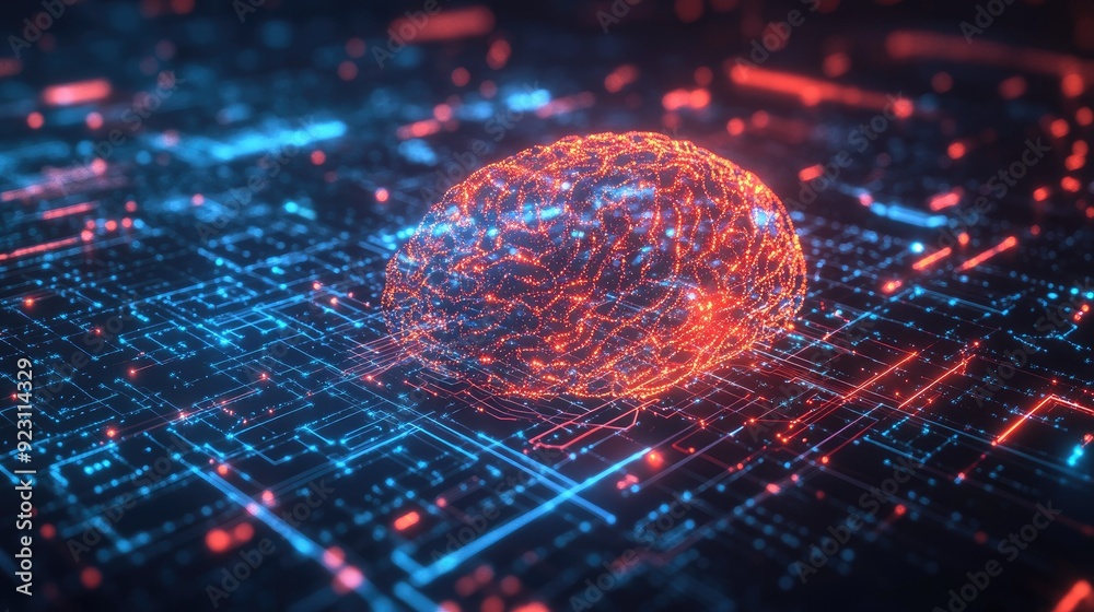 Poster digital 2d illustration of an ai brain with glowing connections and data flow. highlights machine le