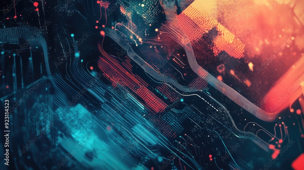 Poster digital abstract illustration for big data featuring futuristic elements and hand-drawn art. tech ba
