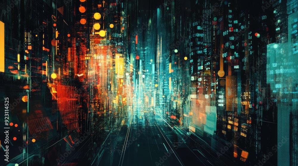 Poster digital abstract illustration for big data featuring futuristic elements and hand-drawn art. tech ba