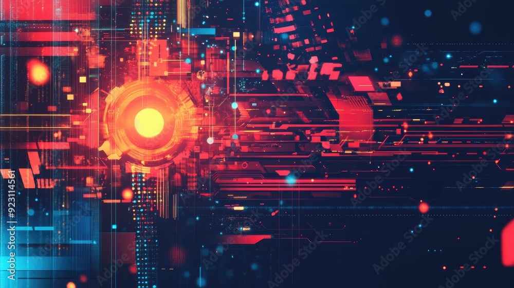 Poster digital abstract illustration for big data featuring futuristic elements and hand-drawn art. tech ba
