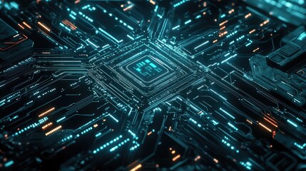 Fototapeta premium Digital AI design with intricate circuit lines and electric patterns. Suitable for technology graphics, logos, and website backgrounds. Emphasizes a futuristic machine learning aesthetic. -