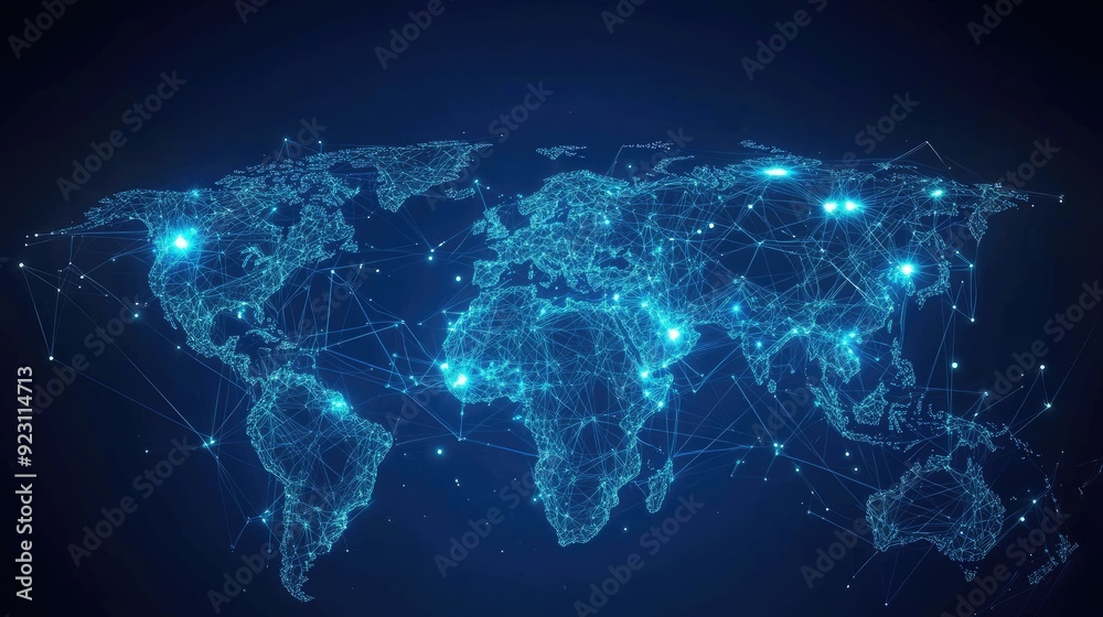 Poster digital world map with abstract global connections and data networks. vector illustration of telecom