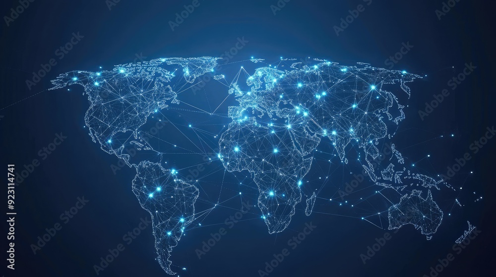 Poster digital world map with abstract global connections and data networks. vector illustration of telecom
