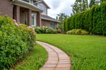 Vibrant green lawn adorned with colorful flowers and neatly trimmed shrubs in front of a charming house yard on a sunny day