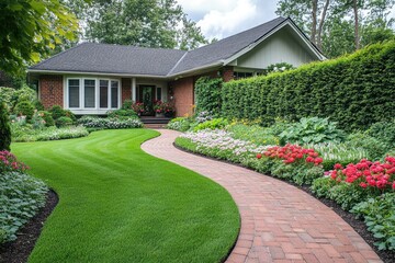 Naklejka premium Vibrant green lawn adorned with colorful flowers and neatly trimmed shrubs in front of a charming house yard on a sunny day