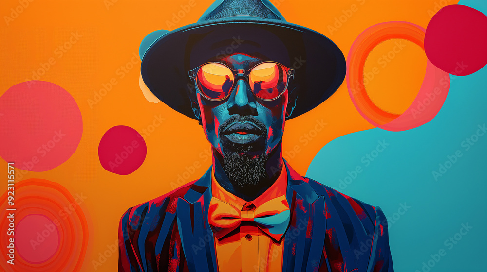 Wall mural a man with bold sunglasses and hat stands against a backdrop of bright pop art graphics. modern cont
