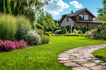 Lush Green Lawn with Walkway, Vibrant Flowers and Stone Brick Path Leading to a Charming Home in a Serene Garden Setting