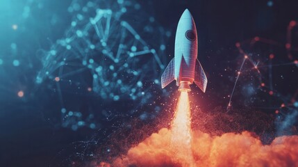 An abstract rocket taking off, the concept of a startup, successful business and teamwork