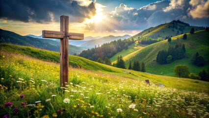 A simple, rustic wooden cross stands alone on a serene, sunny hillside, surrounded by lush green grass and a few scattered wildflowers.