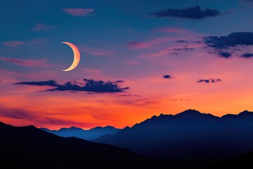 Crescent Moon Illuminates the Night Sky Over Majestic Mountain Landscape Spectacular sunset Background