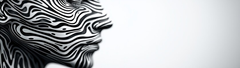 A striking profile of a human face featuring intricate black and white patterns, symbolizing identity and abstract art.