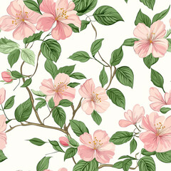 A seamless pattern with delicate pink flowers and green leaves on a light cream background. The elegant floral design evokes a sense of romance and tranquility.