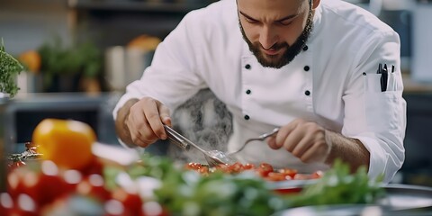 chef preparing food, Chef Teaching a Cooking Class in a Culinary School, Sharing Expertise and Encouraging Aspiring Cooks close up view.